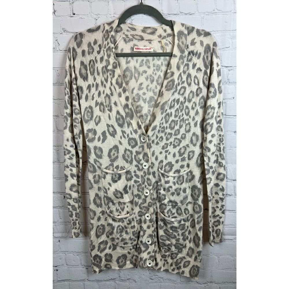 REBECCA TAYLOR beige ivory gray animal leopard silk cashmere cardigan knit M